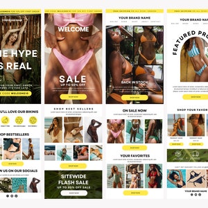 May include: A colorful email newsletter promoting swimwear with images of women wearing different styles of bikinis. The newsletter includes a sale announcement, a featured product, and links to shop bestsellers, on-sale items, and favorites. The newsletter also includes a call to action to follow the brand on social media.