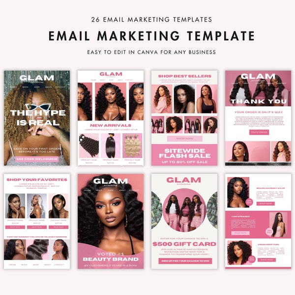 Pink Editable Email Template Canva Business E-mail Marketing Templates Hair Extensions Shopify Email Newsletter Beauty Brand Templates