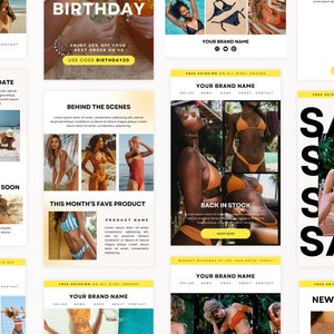 May include: A collage of images featuring women wearing various swimwear styles. The images are arranged in a grid format and include text such as "Birthday", "Behind the Scenes", "This Month's Fave Product", "Back in Stock", and "Sale".