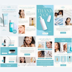 以下が含まれることがあります： Vida Cosmeticsというスキンケアブランドのソーシャルメディアグラフィックのコレクションです。グラフィックには、スキンケア製品、モデル、ブランドの製品やサービスを宣伝するテキストが掲載されています。グラフィックは、青と白のカラーパレットで、モダンでミニマルなスタイルでデザインされています。