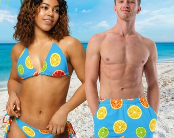 Turquoise citrus patterned Men's swim trunks family matching and couple matching options available