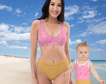 ice cream cone bottom and sprinkles on top all over print womens Recycled high-waisted bikini mommy and me matching available