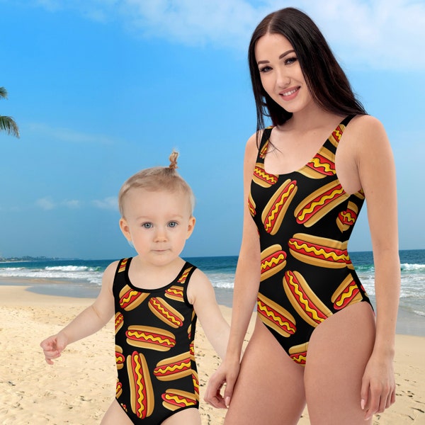 Bbq lovers unite with this fun unique hot dog print bathing suit available in mommy and me and family matching One-Piece Swimsuit