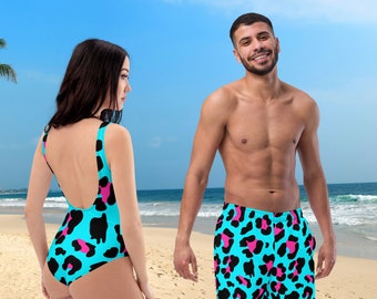 Bathing Suit in Neon Leopard Print for Men - Blue, Black & Pink Swim Trunks, Family Matching Options Available