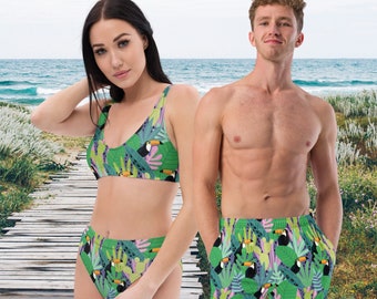 Jungle leaves with cute toucans family matching and couple matching available Men's swim trunks