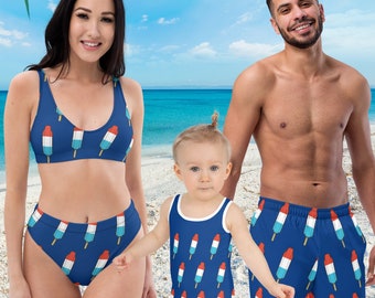 Bomb Pop Bikini Red, White and Blue High-Waisted Swimsuit for Couples & Family Matching Available