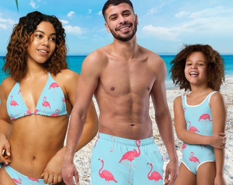 Family & Couples Matching Blue Swim Trunks, Men’s Pink Flamingo Pattern - Summer Beachwear