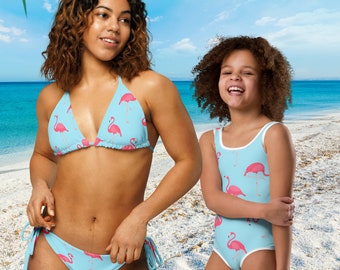 Family Matching Bikinis Recycled String Two-Piece Set, Blue and Pink Flamingo Print - Mommy & Daughter Available