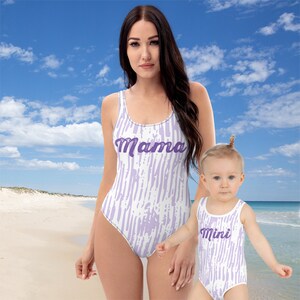 Mom and Daughter Matching Swimsuits: Purple Patterned One-Piece Bathing Suit for Women