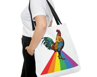 LGBTQ Pride Tote Bag - Reusable Rainbow Rooster All-Over Print, Eco-Friendly, Shopping & Daily Use