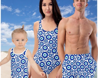 Evil Eye Protection Bathing Suit & Men&#39;s Swim Trunks - Family Matching Swimsuits Available