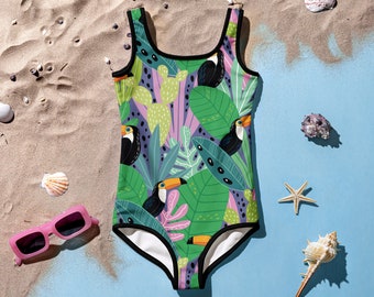 Jungle leaves with cute toucans family matching mommy and me available girls one piece bathing suit All-Over Print Kids Swim sui