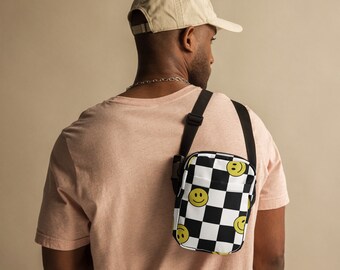 Retro black and white checkered with yellow smiley faces unisex Utility crossbody bag