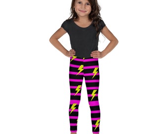 Black and neon pink stripped with lightning bolts retro inspired  toddler and Kid's Leggings