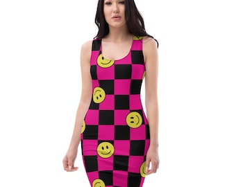 retro inspired pink and black checkered with smiley faces women's Bodycon dress