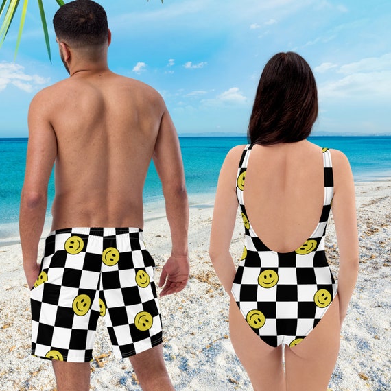 Black and White Checkered With Yellow Smiley Faces Mens Bathing Suit Family Matching Available Men s Swim Trunks Etsy