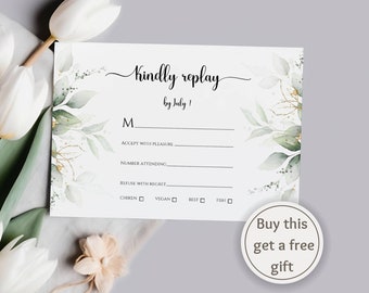 Eucalyptus Wedding Replay/Rsvp Card - Green and Gold Invite, Easy to Edit on Canva, Instant Download, Olivia