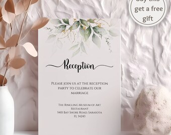 Eucalyptus Wedding Reception Card - Digital Green and Gold Invite, Easy to Edit on Canva, Instant Download, Olivia
