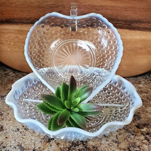 Vintage Moonstone Clear Opalescent Hobnail Dishes 2, Anchor Hocking Circa 1942-1946 2 Part relish dish & Handled Heart Dish.