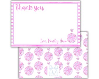 May include: Pink and white thank you note cards with a disco ball design. The cards have a pink and white striped border and the text "Thank you" and "Love, Hensley Anne".