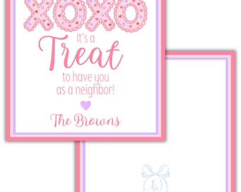 May include: A pink and white card with the text "XOXO It's a Treat to have you as a neighbor! The Browns" and a pink heart. The card has a pink and purple border.