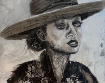 Leinwand-Kunstwerk „LADY“ Porträt-Acryl-Kunstwerk (Frau mit Hut)