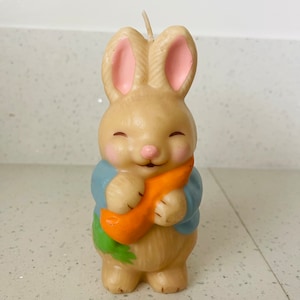 May include: A beige bunny candle with pink ears, blue shirt, and a green and orange carrot. The bunny is smiling and holding the carrot in its paws.