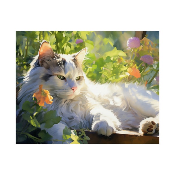 Adorable Sunbathing Cat Poster - Fluffy Feline in Garden, Wall Art