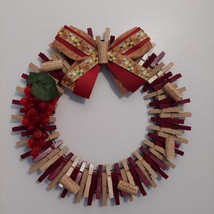 Unique wine/cork clothespin wreath, 16 inch diameter, indoors or outdoors.