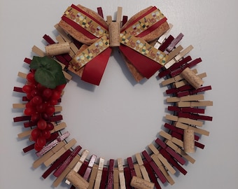 Unique wine/cork clothespin wreath, 16 inch diameter, indoors or outdoors.