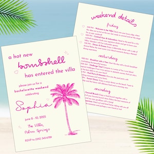 Bombshell vrijgezellenfeestuitnodiging en reisplan, bewerkbare canvassjabloon, Island Lover Villa Bach Invite, Instant Download