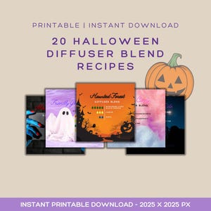 Può includere: Un file digitale scaricabile con la scritta "20 ricette di miscele per diffusori di Halloween". L'immagine presenta un'illustrazione di zucca e diverse schede di ricette con disegni a tema Halloween.