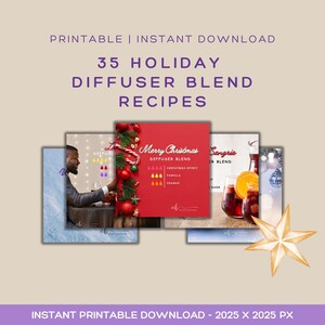 以下が含まれることがあります： 「35 Holiday Diffuser Blend Recipes」のテキストが入ったデジタルダウンロードグラフィック。画像には、赤い「Merry Christmas」カードや「Sangria」ブレンドカードなど、お祝いをテーマにしたレシピカードがいくつか表示されています。右下には金の星があります。