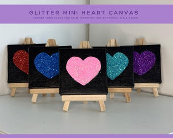 Glitter Heart Mini Canvas Art 3x3, Textured Heart Painting, Sparkly Abstract Wall Art, Small Colorful Decor, Self Love Gift, Tiny Canvas