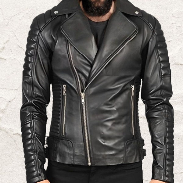 Ariston Black Leather Biker Jacket, 100% Real Leather Jacket, Gift for him, Item on Inauguration Sale, Affordable, Party Wear