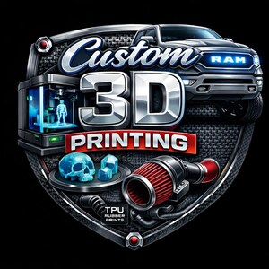 May include: A graphic logo with the words "Custom 3D Printing" and a 3D printer, a truck, and 3D printed objects. The logo includes a blue skull, blue crystals, and a red air filter.