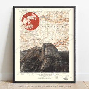 Californië | Yosemite Half Dome topografische kunstafdruk | Kaart van Yosemite Valley | El Capitan | Gletsjerpunt | Muurkunst poster halve koepel