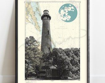 Lámina del faro de Currituck Beach / Mapa náutico de Carolina del Norte (Descarga digital)