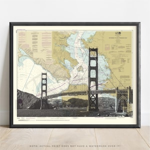 May include: Framed print of the Golden Gate Bridge, set against a vintage nautical chart. The bridge is shown in its distinctive orange hue, with detailed illustrations of the surrounding bay. The print is presented in a black frame.