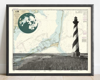 May include: A black and white nautical chart of Cape Hatteras, North Carolina, with a black and white striped lighthouse in the foreground. The chart shows the coastline and surrounding waters. The lighthouse is tall and slender, with a white base and black stripes.