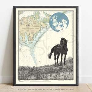 North Carolina | Shackleford Banks Nautical Art Print | Wild Horses | Crystal Coast Nautical Chart | Travel Poster | Beaufort NC Map