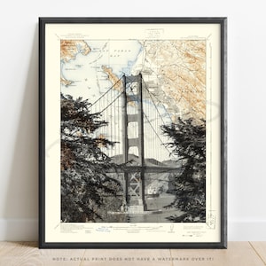 Califórnia | Impressão do Mapa Topográfico da Ponte Golden Gate | Baía de São Francisco | Parede da Galeria da Califórnia | Pôster de São Francisco | Arte de Parede da Califórnia