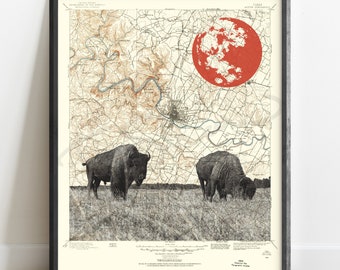 Texas | Austin Buffalo Topographic Art Print | Map of Austin TX | ATX Wall Decor | SXSW | Keep Austin Weird | Austin Wall Art | Gallery Wall