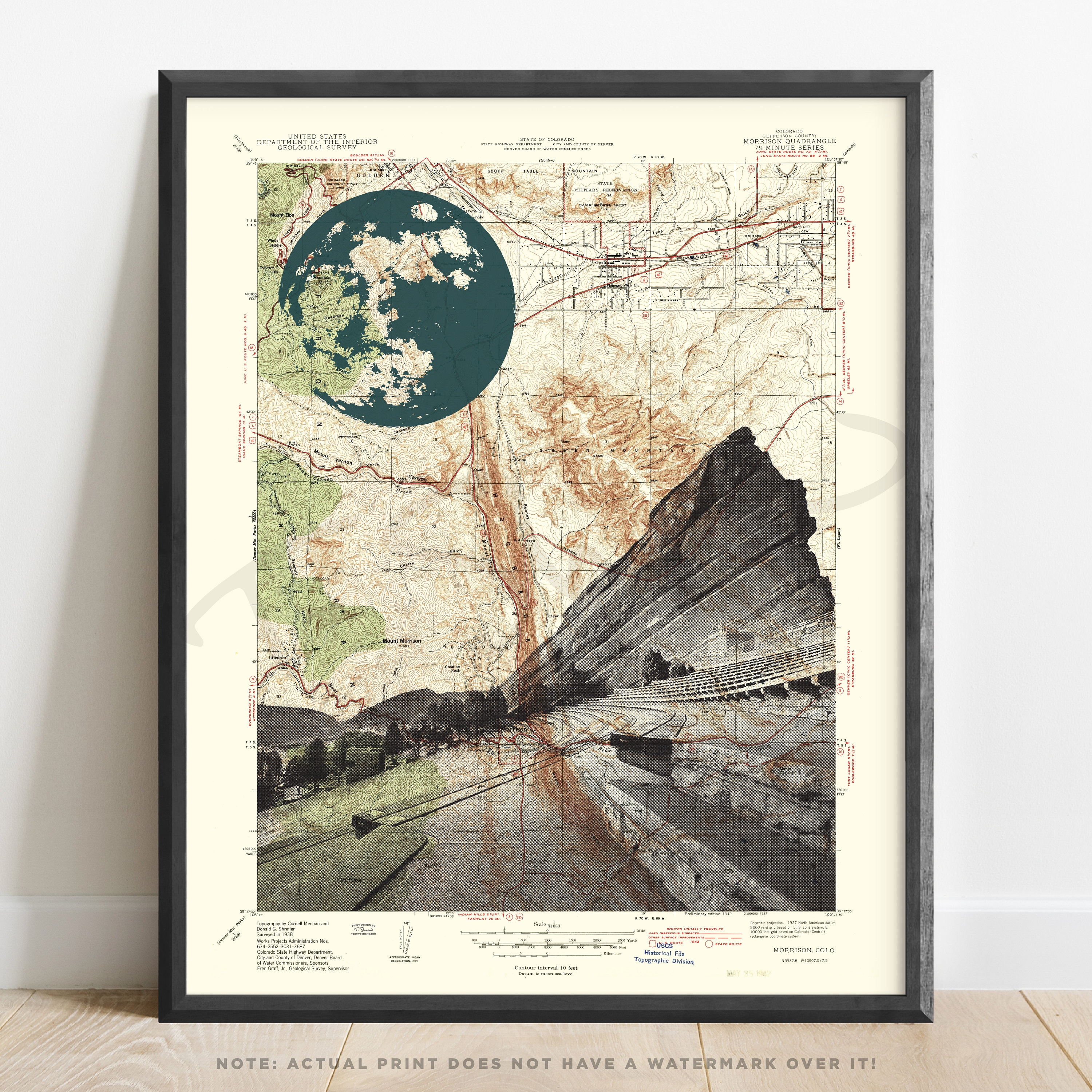Colorado | Red Rocks Amphitheater Topographic Art Print | Denver Wall ...
