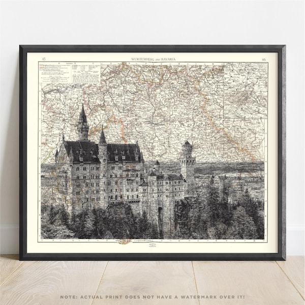 Germany | Neuschwanstein Castle Topographic Art Print | Map of Bavaria | Germany Wall Art | Deutschland Poster | German Map | Schwangau