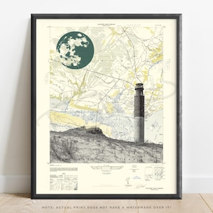 Carolina del Norte / Impresión de arte náutico del faro de Oak Island / Mapa de Oak Island / Southport, NC / Caswell Beach / Galería de pared de Wilmington, NC
