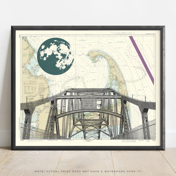 Cape Cod Bridge Art Print | Unique Gift | Sagamore Bridge Poster | Massachusetts NOAA Nautical Chart | New England Travel Poster | Full Moon