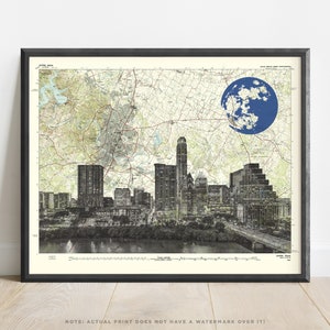 May include: A vintage map of Austin, Texas, with a black and white cityscape silhouette superimposed over the map. A blue globe is in the upper right corner of the map.