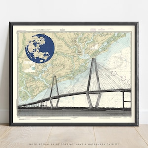 Südcarolina | Charleston Bridge Nautische Kunstdruck | Charleston SC Karte | Arthur Ravenel Jr Brücke | Kollegium of Charleston | Palmeninsel