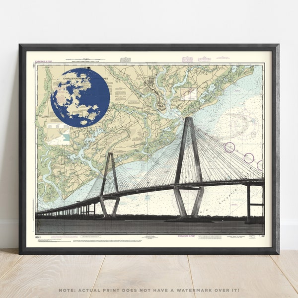 Charleston Bridge Art Print | Unique Gift | South Carolina Nautical Chart | Arthur Ravenel Jr Bridge Poster | NOAA Travel Poster | Full Moon